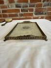 Vintage Petit Point Floral Gold Toned Brass Dresser Set Brush Mirror Vanity Tray