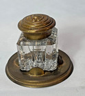 Antique Glass Inkwell Cube Shape Dip Pen Pot With Brass Base   Lid
