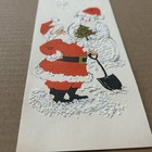 Vintage Mid-century Christmas Card Santa And Snowman Flocked Glittter 1950   s