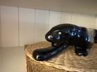 Vtg Mid Century Modern Ceramic Crouching Black Panther Green Eyes