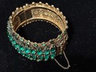 Antique Vintage Czech Emerald Green Glass Filigree Gold Tone Hinged Bracelet