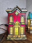 Vtg Tiffany Style Stained Glass Xmas Illuminated Village Victorian Houses Church