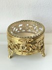 Vintage Ornate Filigree Jewelry Casket Gilded Metal Beveled Glass Hinged Lid