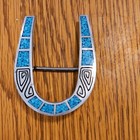 Men s Western Horseshoe Belt Buckle Silver Tone Blue Mosaic Inlay Metal