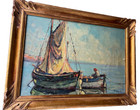 Fisherman In His Boat  In The Mediterranean - Quayle Signed - Oil Canvas C 1930