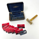 Vintage Gillette Gold Tech Safety Razor Set With Original Case   Blades Shaver