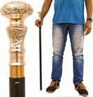 Antique Victorian Knob Brass Handle Walking Stick Antique Cane Black Wood Casual