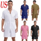 Men s Short Sleeve Overalls Jumpsuit Turn-down Collar Zipper Romper With Pockets