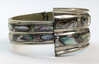 Vtg Alpaca Mexico Abalone Inlay Hinged Statement Bracelet 1 25  Wide