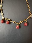 Signed Joan Rivers Red Enamel Ladybug Charm Necklace Gold Tone W  Pouch Vintage