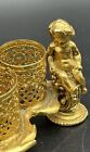 Antique Vanity Set Perfume Bottle   Lipstick Holder Gold Filigree With Cherubs