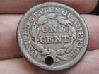 1847 Braided Hair Large Cent Penny- Vg fine Details  Holed For Necklace
