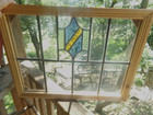 Antique English Stained Glass Window Gold blue Geometric Design 16 3 4 X 21 3 4