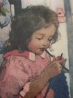 Vintage Framed Crewel Needlework Alice Knitting Large Matted Green Wood Frame
