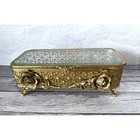 Vintage Ormolu Gold Casket Jewelry Box Glass Filigree Ornate Rose Footed Vanity