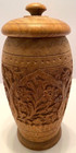 Vintage Brown Floral Carved Wood 8 Inch Decorative Jar urn With Lid