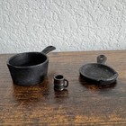 3 Pc Miniature Dollhouse Cast Iron Frying Pan Skillet Stove Pot Mug Cup