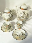 Antique Asian Teapot 16 Pc Set Pagodas Mountains Birds  Gold Trim