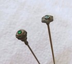 2 Antique Green Glass Stone Brass Tops Hatpins Both Over 6 