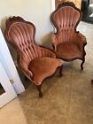 Pair Of Antique Victorian Rose Crushed Velvet Parlor Chairs   Ottoman 