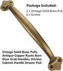 Vintage Solid Brass Pulls  Antique Copper rustic Barn Door Grab Handles kitchen