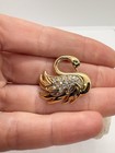 Vintage Gold Tone Swan Bird Clear Rhinestone Pin Brooch Retro Green Eye Nature