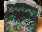 Antique Micro Black Beaded Purse Flower Basket Alpaca Silver Frame Fringe 7x9