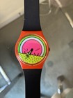 Swatch Water-resistant Quartz Analog Watch Orange Case Black Strap Multicolor