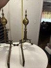 Antique Andirons Solid Brass   Cast Iron Fireplace  23     Heavy Duty