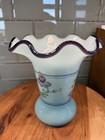 Fenton Art Glass Blue Vase Amethyst Ruffled Rim Hp By B  Huggins