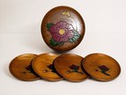 Vintage Japan Mcm Wood Coaster Set Of 4 Round Lidded Box Hand Carved Floral