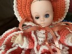 Vtg Crochet Bed Pillow Doll 16    Pink With White Trim Strawberry Blonde Blue Eyes