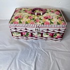 Vtg Sewing Basket 1960 s Wicker Weave Pink Rose Floral Insert W  Accessories