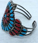 Native American Zuni Sterling Silver Turquoise Red Coral Cluster Cuff Bracelet G