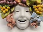 Handmade Italy Ceramic Bacchus Face Wall Mask W  Fruit   Grape Leaves Maiolica