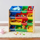 12 Plastic Bins  Natural Wood With Bright Bins  10 9  D X 33 6  W X 31 1  H