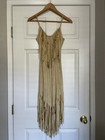 Vintage 1970s Faux Suede Beaded Feathers Fringe Scarf Hem Boho Hippie Dress