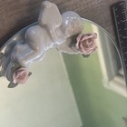 Vintage Oval Mirror Vanity Tray With Raised Porcelain Roses   Cherubs 13x9