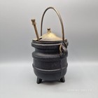 Vintage Black Cast Iron Fire Starter Smudge Pot Cauldron With Brass Lid And Wand