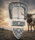 Western 3 Piece Belt Buckle Set Buckle Keeper Tip Floral Silver Tone Cowboy