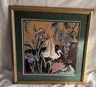 Vtg Needlepoint Art Nouveau Wall Art Matted gold Frame Tapestry Bird 12 5   x20 5   