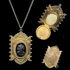 Antique Victorian Photo Locket Flipdown Black Cameo Gold Fill Necklace 18   