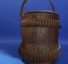 Antique Copper Hand Hammered Ribbed   Etched Celestial  Bucket W  Swing Handle 