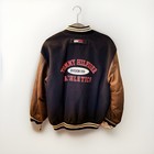 Vintage 90   s Tommy Hilfiger Jacket Xl Black brown Leather Sleeves Zip Pockets