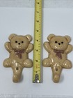 2 Vtg Ceramic Teddy Bear Pink Bow Wall Hook Hangers Set Baby Girl Nursery Beige