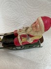 Vintage Mechanical Celluloid Santa On Sleigh Bell With Reindeer 1940   s Read