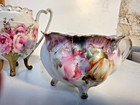 Antique Rs Prussia Red Mark Footed Pink Roses Tea Set Sugar Creamer Bowl Cup