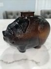 Vintage Art Glass Dark  Amber  Smiling Piggy Bank With Dimples