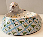 Vintage Art Pottery Dog Bowl 3d Puppy   Bone Large 10  Artist Signed Unused Mint