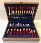 33 Pc Bakelite Catalin Cherry Red   Butterscotch Inlaid Flatware - No Forks